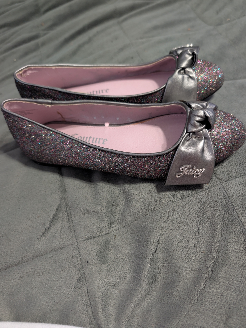 Juicy Couture Glitter Bow Ballet Flats in Silver Pink